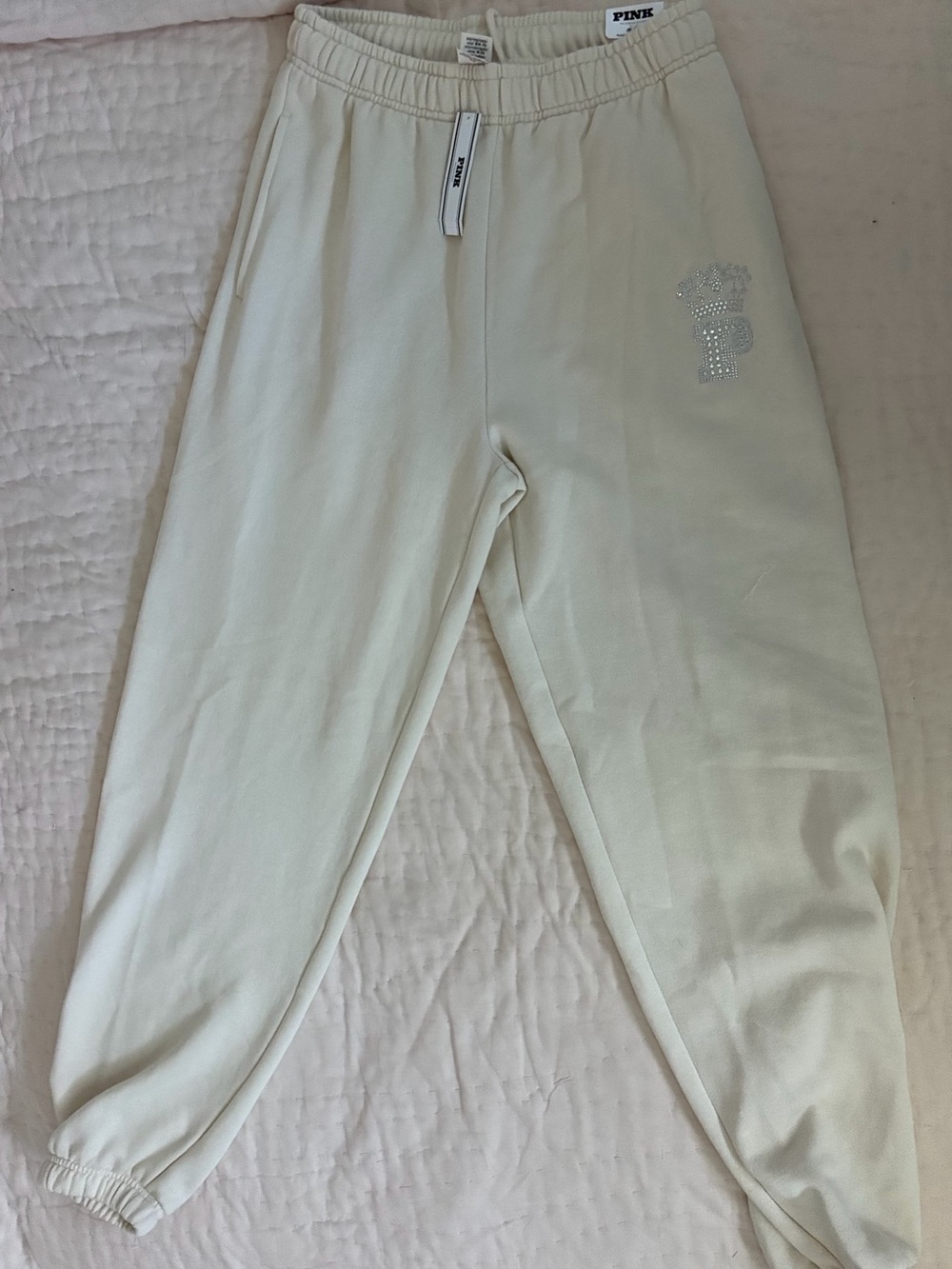 PINK Victoria's Secret LADIE's Cream Rhinestone Logo Jogger Pants. Org $65